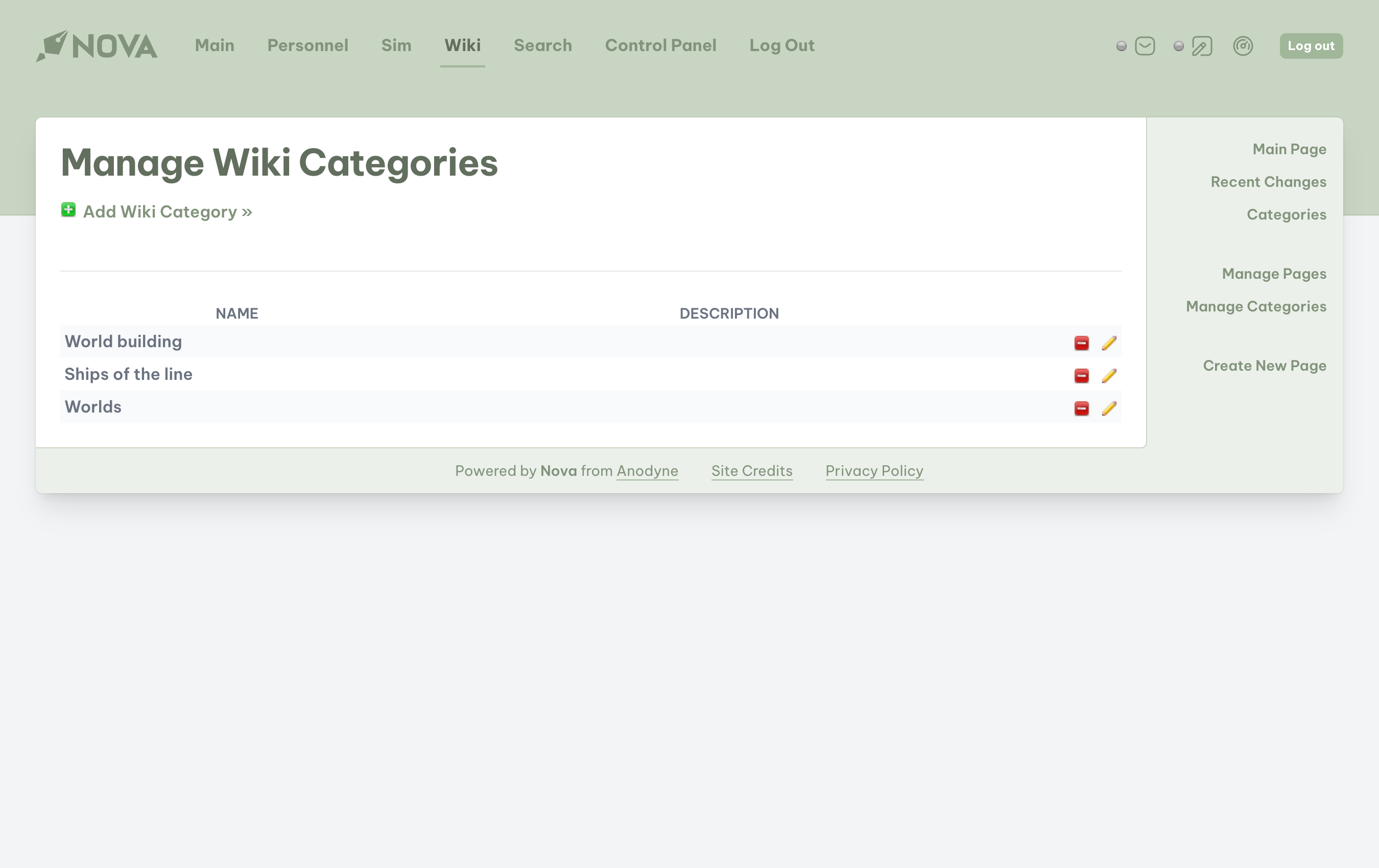 wiki manage categories page