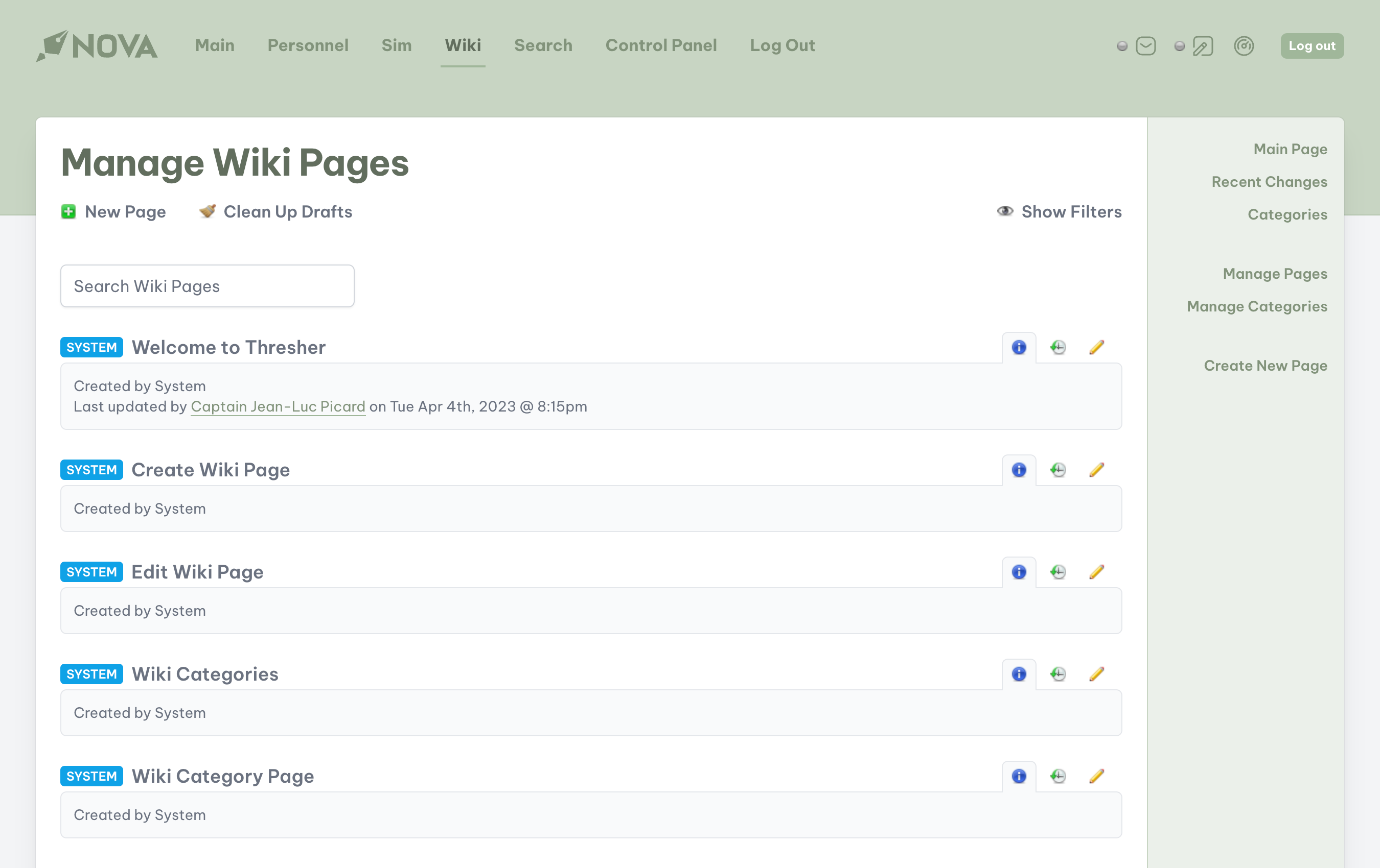 wiki manage pages screen